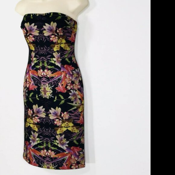 Bebe Strapless Pencil Dress Zipper Lined Back Slit Botanical floral print size M - Picture 2 of 4